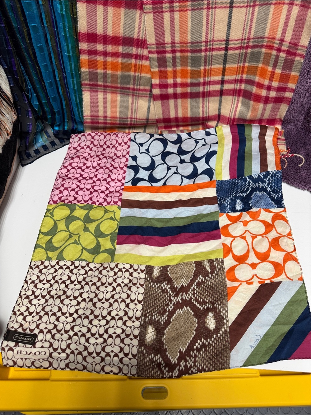 Coach Multicolor Patchwork Scarf — Orange, Pink, Green, Blue, Brown - Picture 2 of 5
